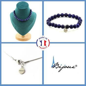 Parure bijoux Bracelet Collier 20 Perles Lapis Lazuli 8 mm. Chaine en acier inoxydable.