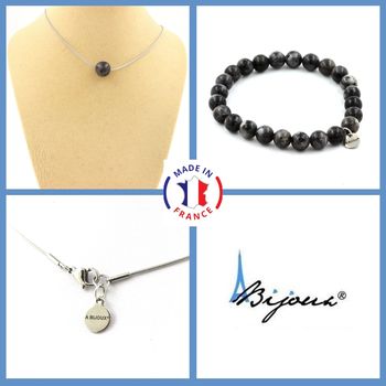 Parure bijoux Bracelet Collier 1 Perle Labradorite 8 mm. Chaine en acier inoxydable.