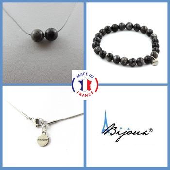 Parure bijoux Bracelet Collier 2 Perles Labradorite 8 mm. Chaine en acier inoxydable.