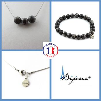 Parure bijoux Bracelet Collier 3 Perles Labradorite 8 mm. Chaine en acier inoxydable.