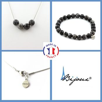 Parure bijoux Bracelet Collier 4 Perles Labradorite 8 mm. Chaine en acier inoxydable.