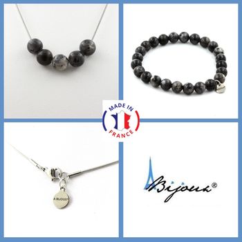 Parure bijoux Bracelet Collier 5 Perles Labradorite 8 mm. Chaine en acier inoxydable.