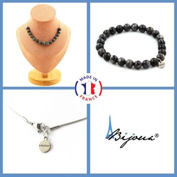 Parure bijoux Bracelet Collier 15 Perles Labradorite 8 mm. Chaine en acier inoxydable.