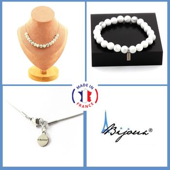 Parure Bracelet Collier 15 perles Howlite 8 mm. Chaine en acier inoxydable.