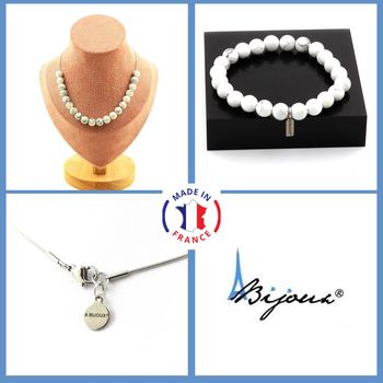 Parure Bracelet Collier 20 perles Howlite 8 mm. Chaine en acier inoxydable.