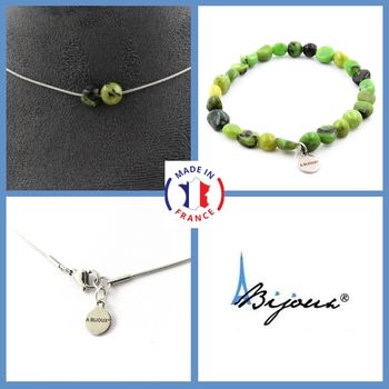 Parure bijoux Bracelet Collier 2 perles Jade Nephrite de Xiuyan Chine. Chaine en acier inoxydable.
