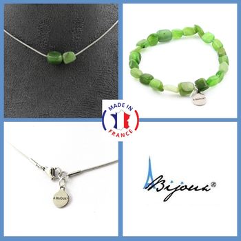 Jewelry set Bracelet Necklace Jade Nephrite from Siberia (Russia) 2 beads. Stainless steel chain.