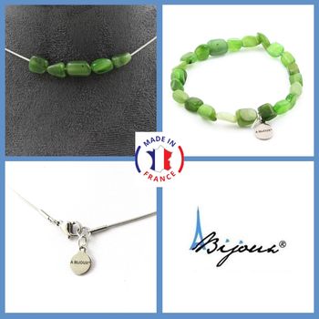 Jewelry set Bracelet Necklace Jade Nephrite from Siberia (Russia) 5 beads. Stainless steel chain.