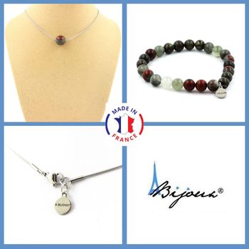 Jewelry set Bracelet Necklace Dragon Blood Jasper 1 Bead 8 mm. Stainless steel chain.