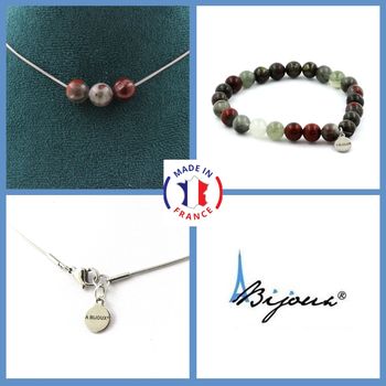 Jewelry set Bracelet Necklace Dragon Blood Jasper 3 Beads 8 mm. Stainless steel chain.