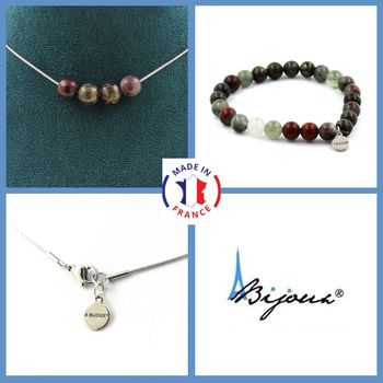 Jewelry set Bracelet Necklace Dragon Blood Jasper 4 Beads 8 mm. Stainless steel chain.