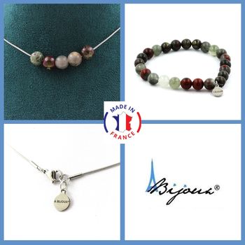 Jewelry set Bracelet Necklace Dragon Blood Jasper 5 Beads 8 mm. Stainless steel chain.