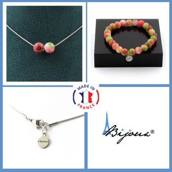 Jewelry set Bracelet Necklace Watermelon Tourmaline 2 Beads 8 mm. Stainless steel chain.