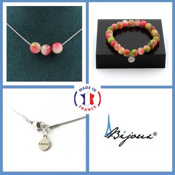Jewelry set Bracelet Necklace Watermelon Tourmaline 3 Beads 8 mm. Stainless steel chain.