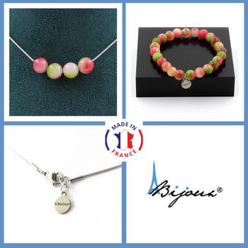 Jewelry set Bracelet Necklace Watermelon Tourmaline 4 Beads 8 mm. Stainless steel chain.