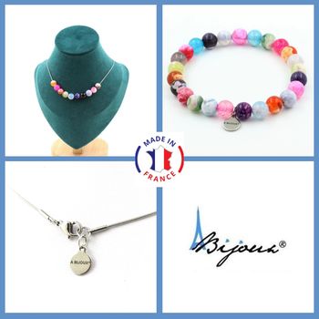 Jewelry set Bracelet Necklace Multicolored Fuchsia cracked Agate 10 Beads 8 mm. Stainless steel chain.