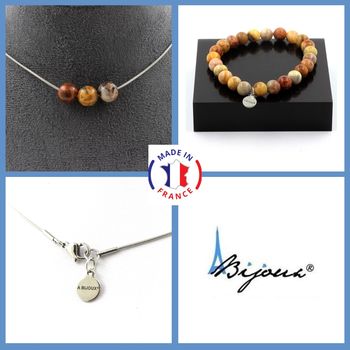 Jewelry set Bracelet Necklace Agate crazy lace 3 Beads 8 mm. Stainless steel chain.