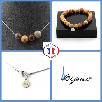 Jewelry set Bracelet Necklace Agate crazy lace 4 Beads 8 mm. Stainless steel chain.