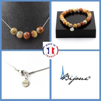 Jewelry set Bracelet Necklace Agate crazy lace 5 Beads 8 mm. Stainless steel chain.