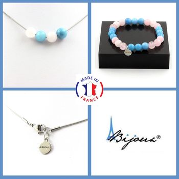 Jewelry set Bracelet Necklace Blue Chalcedony + rose Quartz 4 Beads 8 mm. Stainless steel chain.