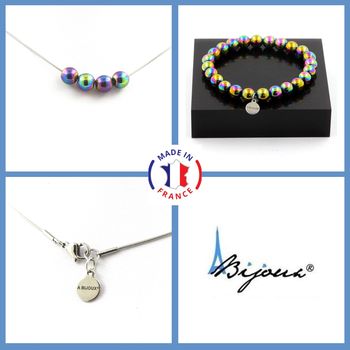 Jewelry set Bracelet Necklace Multicolored Hematite 4 Beads 8 mm. Stainless steel chain.