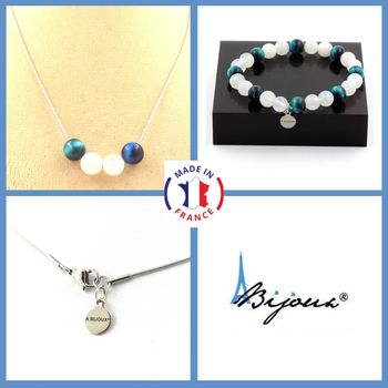 Jewelry set Bracelet Necklace Light Blue Tiger Eye + Moonstone Beads 8 mm. Stainless steel chain.
