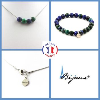 Jewelry set Bracelet Necklace Azurite Chrysocolla 4 Beads 8 mm. Stainless steel chain.