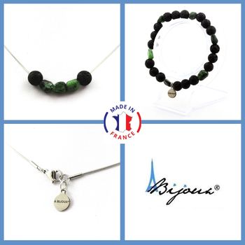 Jewelry set Bracelet Necklace Lava beads 8 mm + Epidote from Myanmar (Burma). Stainless steel chain.