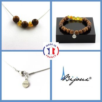 Jewelry set Bracelet Necklace wood 8 mm beads+ yellow Opal from Australia. Stainless steel chain.