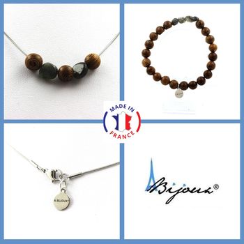 Jewelry set Bracelet Necklace wood 8 mm beads + Labradorite from Finland. Stainless steel chain.