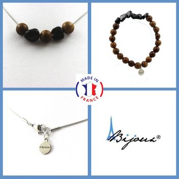 Jewelry set Bracelet Necklace wood beads 8 mm + Schorl Tourmaline from Brazil. Stainless steel chain.