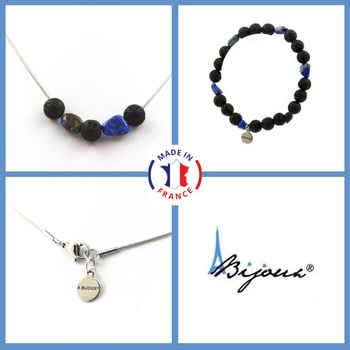 Jewelry set Bracelet Necklace Lava beads 8 mm + Lapis Lazuli from Pakistan. Stainless steel chain.