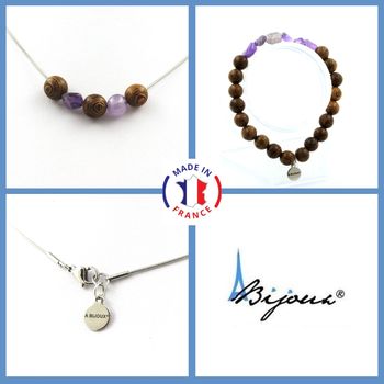 Jewelry set Bracelet Necklace wood beads 8 mm + Amethyst from Brazil. Stainless steel chain.