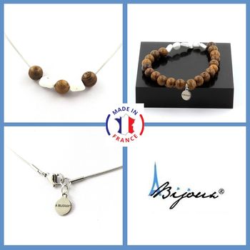 Jewelry set Bracelet Necklace wood beads 8 mm + Howlite from the USA. Stainless steel chain.