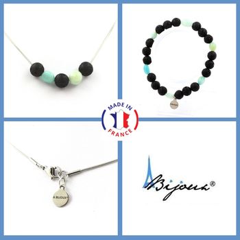 Parure bijoux Bracelet Collier Perles Lave 8 mm + Amazonite du Brésil. Chaine en acier inoxydable.