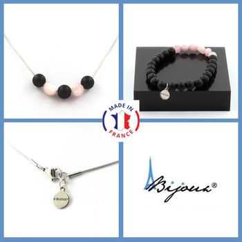 Jewelry set Bracelet Necklace matte black Onyx beads 8 mm + Kunzite from Brazil. Stainless steel chain.