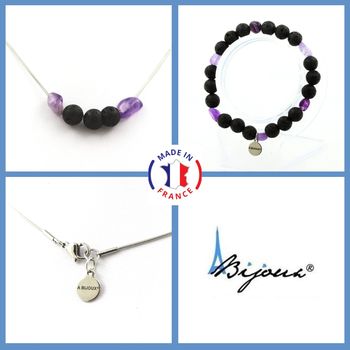 Jewelry set Bracelet Necklace Lava beads 8 mm + Amethyst from Brazil. Stainless steel chain.