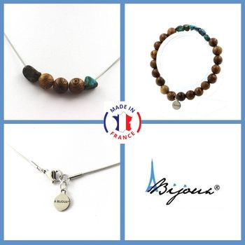 Jewelry set Bracelet Necklace wood beads 8 mm + Chrysocolla from the USA. Stainless steel chain.