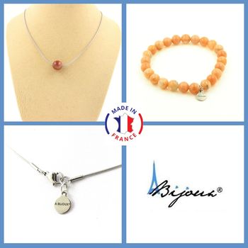 Parure bijoux Bracelet Collier 1 Perle Pierre de soleil d'Afrique qualité 7A 8 mm. Chaine en acier inoxydable.