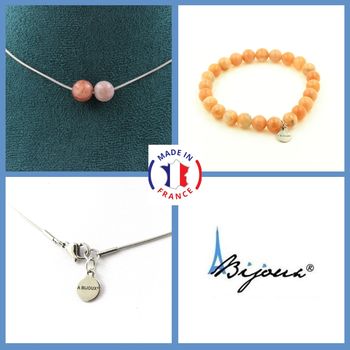 Parure bijoux Bracelet Collier 2 Perles Pierre de soleil d'Afrique qualité 7A 8 mm. Chaine en acier inoxydable.