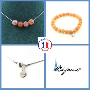 Parure bijoux Bracelet Collier 4 Perles Pierre de soleil d'Afrique qualité 7A 8 mm. Chaine en acier inoxydable.