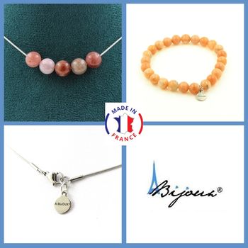 Parure bijoux Bracelet Collier 5 Perles Pierre de soleil d'Afrique qualité 7A 8 mm. Chaine en acier inoxydable.