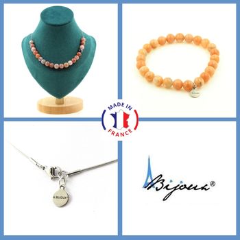 Parure bijoux Bracelet Collier 20 Perles Pierre de soleil d'Afrique qualité 7A 8 mm. Chaine en acier inoxydable.