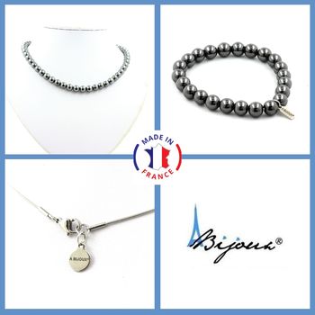Parure bijoux Bracelet Collier Perles Hématite 8 mm. Chaine en acier inoxydable.