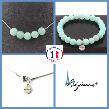 Parure bijoux Bracelet Collier 5 Perles Amazonite 8 mm. Chaine en acier inoxydable.