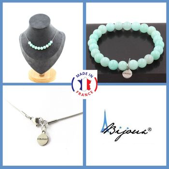 Parure bijoux Bracelet Collier 10 Perles Amazonite 8 mm. Chaine en acier inoxydable.
