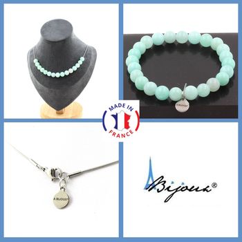 Jewelry set Bracelet Necklace Amazonite 15 Beads 8 mm. Stainless steel chain.