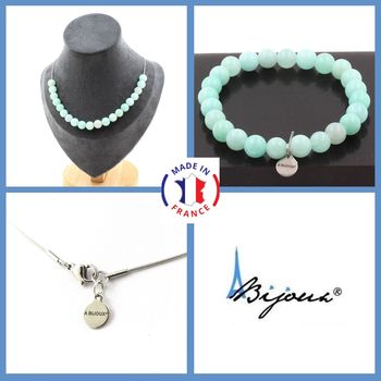 Parure bijoux Bracelet Collier 20 Perles Amazonite 8 mm. Chaine en acier inoxydable.