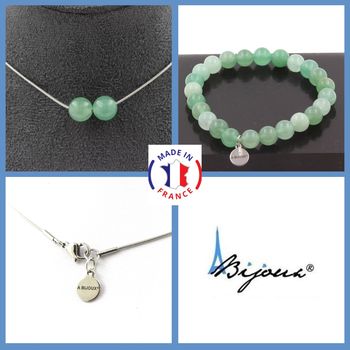 Parure bijoux Bracelet Collier 2 Perles Aventurine 8 mm. Chaine en acier inoxydable.