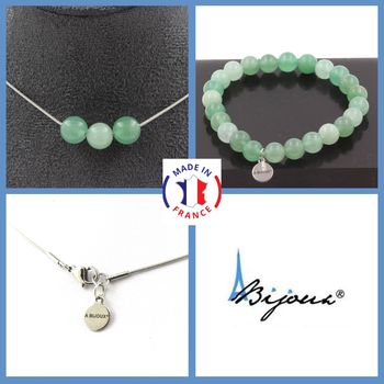 Parure bijoux Bracelet Collier 3 Perles Aventurine 8 mm. Chaine en acier inoxydable.